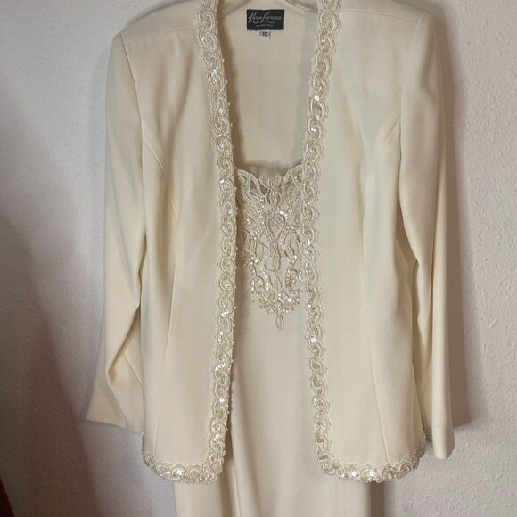 KAREN LAWRENCE BY MATTHEW 2-PIECE LAYERED Ivory embellished, DRESS & JACKET Sz10 - Picture 2 of 9
